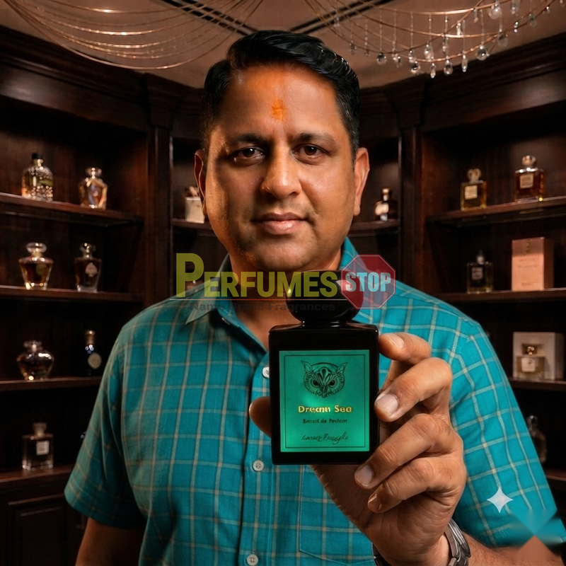 "Perfumes Stop owner holding a bottle of Lorenzo Pazzaglia Dream Sea Extrait de Parfum"