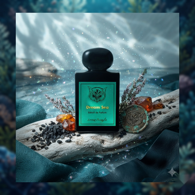 "A Lorenzo Pazzaglia Dream Sea perfume bottle with a black cap and green label, set against a dramatic underwater ocean background with soft blue lighting."