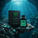"A bottle of Lorenzo Pazzaglia Dream Sea Extrait de Parfum with its matching black packaging box, set against a dramatic underwater ocean background with soft blue lighting."