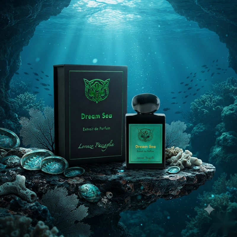 "A bottle of Lorenzo Pazzaglia Dream Sea Extrait de Parfum with its matching black packaging box, set against a dramatic underwater ocean background with soft blue lighting."
