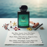 "A perfume bottle labeled 'Dream Sea' by Lorenzo Pazzaglia, styled with aquatic notes, pink pepper, black pepper, ozonic notes, green notes, white flowers, and other fragrance ingredients against an underwater ocean background."