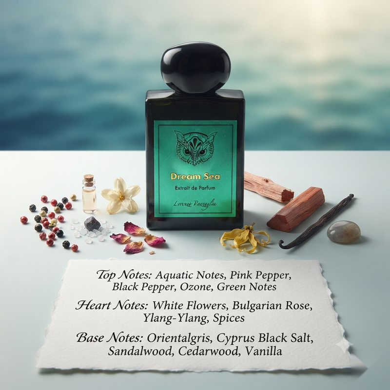 "A perfume bottle labeled 'Dream Sea' by Lorenzo Pazzaglia, styled with aquatic notes, pink pepper, black pepper, ozonic notes, green notes, white flowers, and other fragrance ingredients against an underwater ocean background."