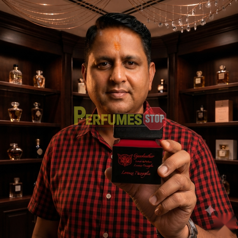 "Perfumes Stop owner holding a bottle of Lorenzo Pazzaglia Gasoleather Extrait de Parfum"