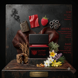"A perfume bottle labeled 'Gasoleather Extrait de Parfum' by Lorenzo Pazzaglia, styled with bergamot, smoky accords, metallic notes, gasoline accord, elemi, benzoin, raspberry, plastic notes, clary sage, narcissus, cypriol, ylang-ylang, frangipani, Tuscan leather, cashmere, vanilla, leather, cedar, oud, patchouli, amber, musk, and pine resin against a dark background with leather, flowers, and warm lighting."