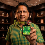 "Perfumes Stop owner holding a bottle of Lorenzo Pazzaglia Gin Fusion Extrait de Parfum"