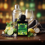 "A green perfume bottle labeled 'Gin Fusion' by Lorenzo Pazzaglia, featuring a black cap and colorful label, set against a warm background with citrus fruits, green leaves, and soft golden lighting."