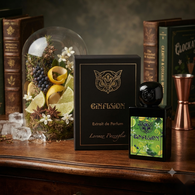 "A bottle of Lorenzo Pazzaglia Gin Fusion Extrait de Parfum with its matching black packaging box, featuring a gold butterfly graphic and green label, set against a dark, elegant background with citrus fruits, flowers, and warm lighting."