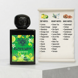 "A perfume bottle labeled 'Gin Fusion Extrait de Parfum' by Lorenzo Pazzaglia, styled with lemon, sweet orange, mandarin, bergamot, peppermint, lime, grapefruit, yuzu, juniper, gin, green tea, mate leaves, woods, vetiver, cardamom, oakmoss, and amber against a light background with citrus fruits, green leaves, and soft lighting."