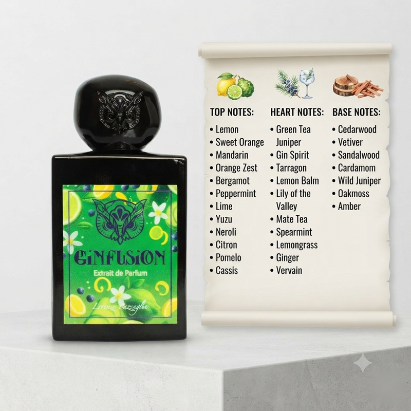 "A perfume bottle labeled 'Gin Fusion Extrait de Parfum' by Lorenzo Pazzaglia, styled with lemon, sweet orange, mandarin, bergamot, peppermint, lime, grapefruit, yuzu, juniper, gin, green tea, mate leaves, woods, vetiver, cardamom, oakmoss, and amber against a light background with citrus fruits, green leaves, and soft lighting."