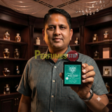 "Perfumes Stop owner holding a bottle of Lorenzo Pazzaglia Green Island Extrait de Parfum"