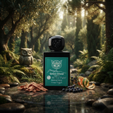 "A dark green perfume bottle labeled 'Green Island' by Lorenzo Pazzaglia, featuring a green label and black cap, set against a lush tropical forest background with greenery and soft natural lighting."