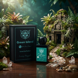 "A bottle of Lorenzo Pazzaglia Green Island Extrait de Parfum with its matching black packaging box, featuring a green label and butterfly graphic, set against a lush tropical island background with palm trees, greenery, and soft lighting."