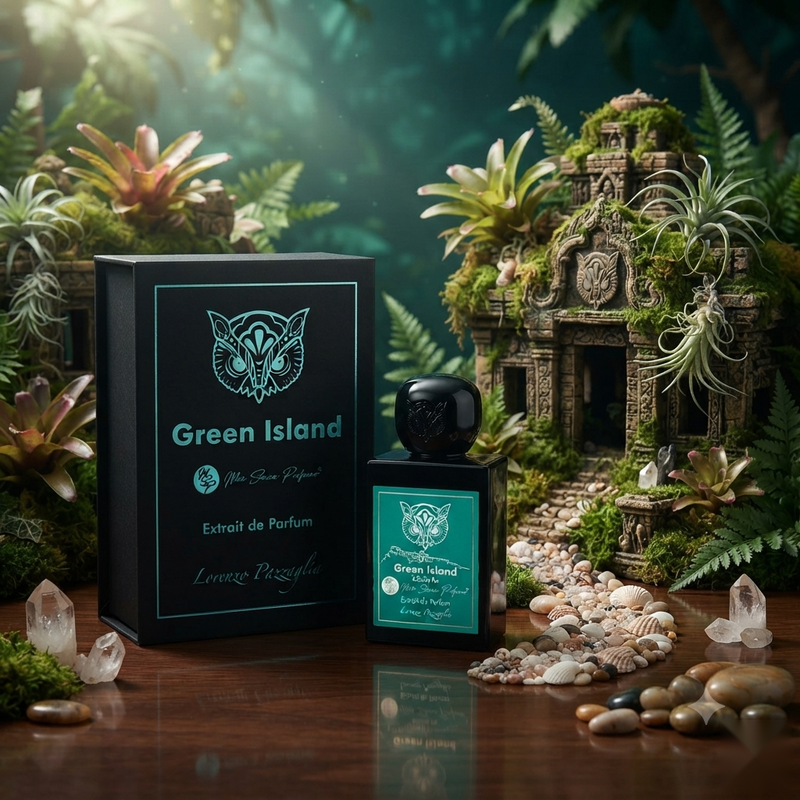"A bottle of Lorenzo Pazzaglia Green Island Extrait de Parfum with its matching black packaging box, featuring a green label and butterfly graphic, set against a lush tropical island background with palm trees, greenery, and soft lighting."