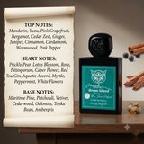 "A perfume bottle labeled 'Green Island Extrait de Parfum' by Lorenzo Pazzaglia, styled with mandarin, yuzu, pink grapefruit, bergamot, cedar zest, ginger, juniper, cinnamon, cardamom, wormwood, pink pepper, prickly pear, lotus flower, rose, pittosporum, caper flower, red tea, gin, aquatic accord, myrtle, peppermint, white flowers, patchouli, pine, vetiver, oakmoss, ambergris, cedarwood, and tonka bean against a tropical island background with lush greenery, palm trees, and soft natural lighting."