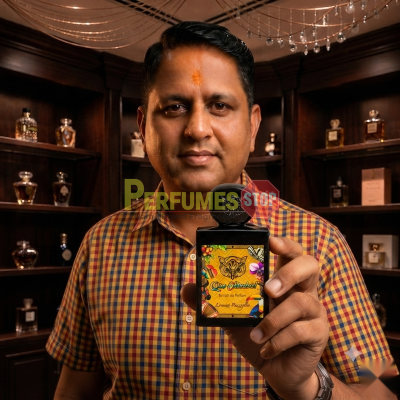 "Perfumes Stop owner holding a bottle of Lorenzo Pazzaglia Que Chimba Extrait de Parfum"