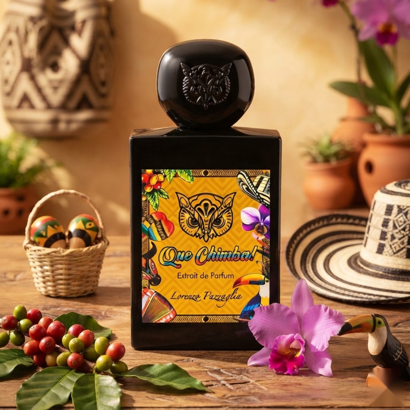 "A black perfume bottle labeled 'Que Chimba' by Lorenzo Pazzaglia, featuring a colorful floral label and black cap, set against a warm, elegant background with tropical fruits, flowers, and soft golden lighting."