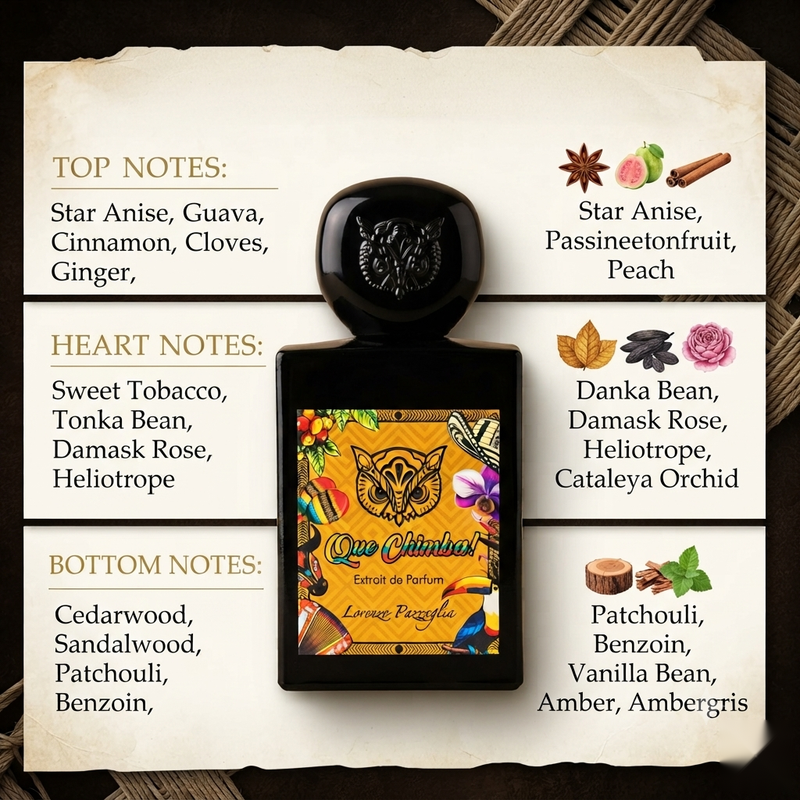 "A perfume bottle labeled 'Que Chimba Extrait de Parfum' by Lorenzo Pazzaglia, styled with star anise, guava, cinnamon, clove, ginger, passion fruit, peach, sweet tobacco, tonka bean, damask rose, heliotrope, Cattleya orchid, cedarwood, sandalwood, patchouli, benzoin, vanilla, amber, and gray amber against a warm background with colorful fruits, flowers, spices, and soft lighting."