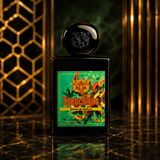 "A black perfume bottle labeled 'Speechless' by Lorenzo Pazzaglia, featuring a colorful floral label and black cap, set against a dramatic dark background with golden geometric patterns and warm lighting."