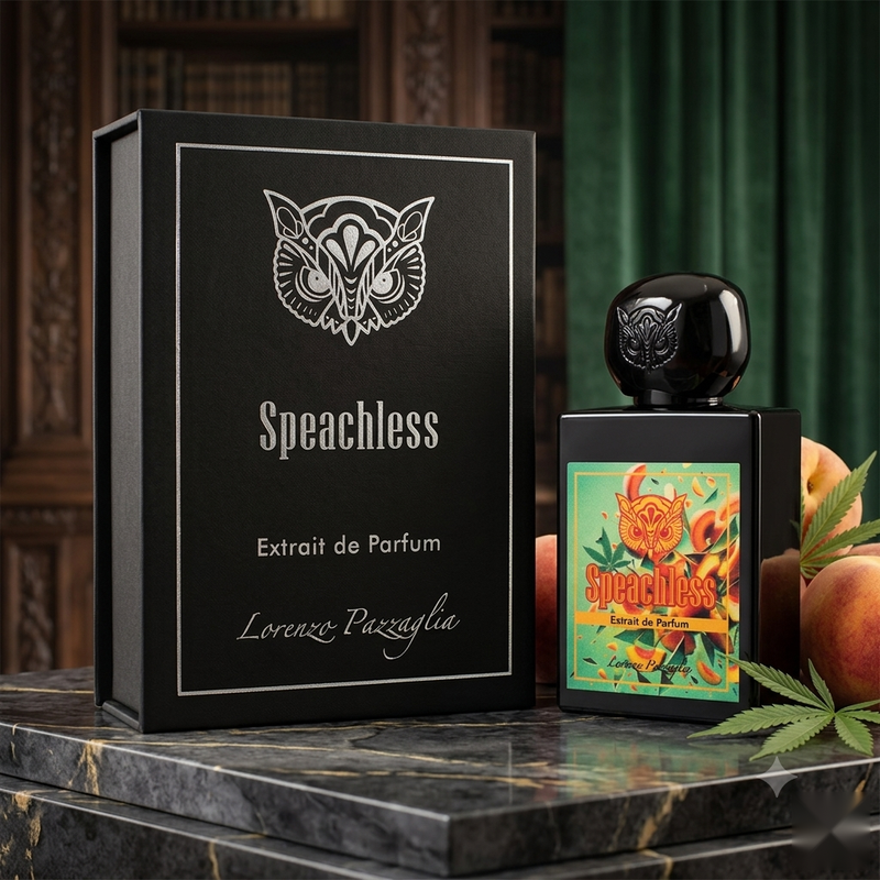 "A bottle of Lorenzo Pazzaglia Speechless Extrait de Parfum with its matching black packaging box, featuring a colorful floral label and silver butterfly graphic, set against a dark green background with warm lighting."