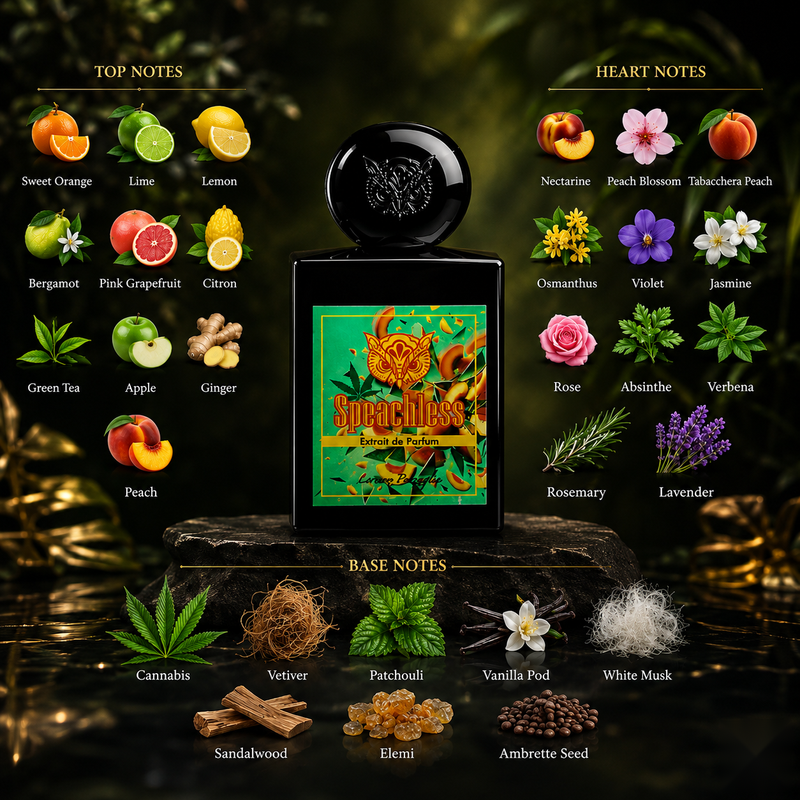 "A perfume bottle labeled 'Speechless Extrait de Parfum' by Lorenzo Pazzaglia, styled with sweet orange, bergamot, pink grapefruit, lemon, lychee, peach, apple, ginger, green tea, peach blossom, nectarine, osmanthus, jasmine, heliotrope, rose, violet, magnolia, rosemary, lavender, cannabis, patchouli, vetiver, sandalwood, elemi, ambrette, vanilla, and white musk against a dark background with colorful fruits, flowers, and soft lighting."