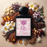 "A perfume bottle labeled 'Sugar Kisses Extrait de Parfum' by Lorenzo Pazzaglia, styled with orange peel, frangipani, heliotrope, milk, cocoa butter, chocolate, hazelnut, vanilla, coconut, tonka bean, cocoa flower, dates, cane sugar, caramel, and toffee against a soft pink background with flowers and warm lighting."