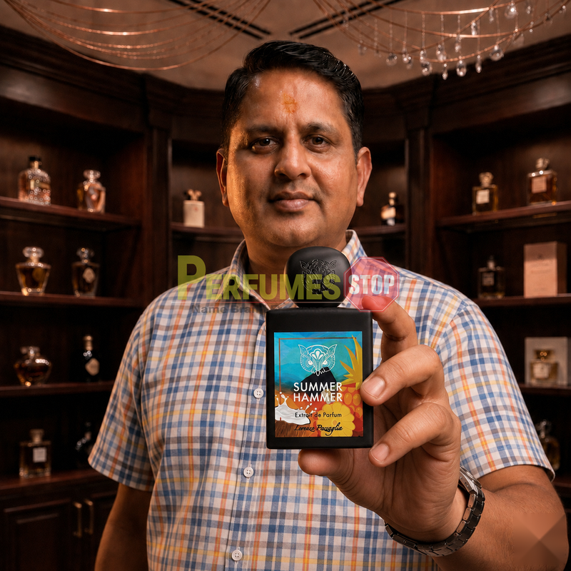 "Perfumes Stop owner holding a bottle of Lorenzo Pazzaglia Summer Hammer Extrait de Parfum"