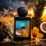 "A colorful perfume bottle labeled 'Summer Hammer' by Lorenzo Pazzaglia, set against a dramatic tropical background with citrus fruits, palm leaves, and warm golden lighting."