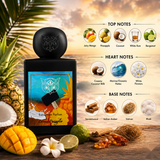 "A perfume bottle labeled 'Summer Hammer Extrait de Parfum' by Lorenzo Pazzaglia, styled with mango, pineapple, coconut, tropical fruits, bergamot, white rum, coconut milk, marine notes, white flowers, vetiver, musk, sandalwood, and Indian amber against a bright tropical background with soft lighting.