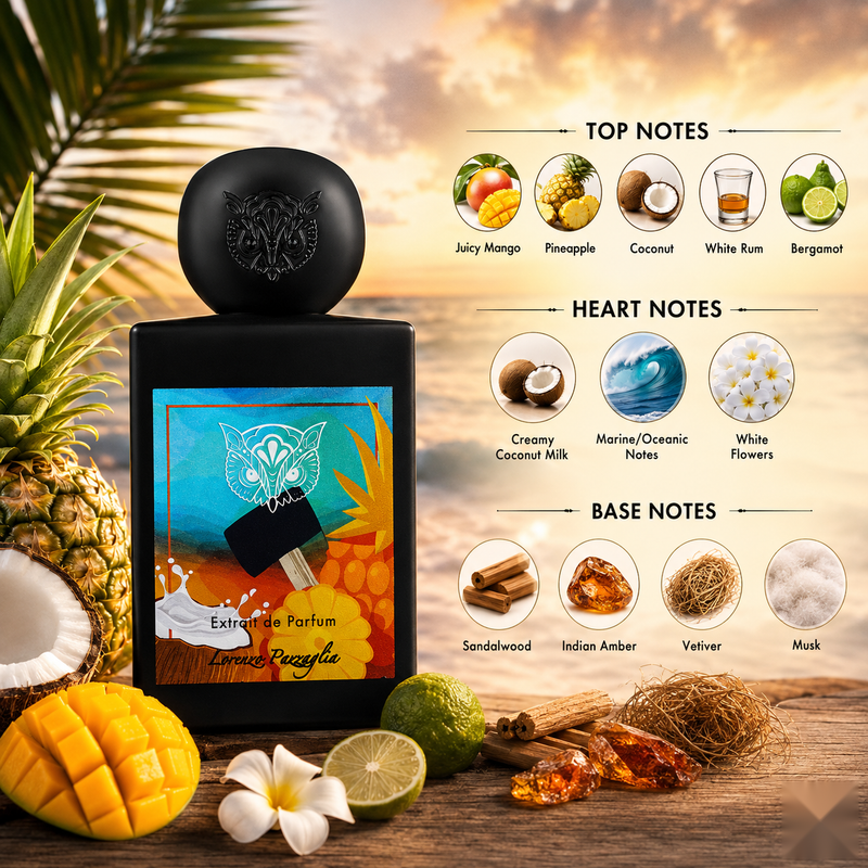"A perfume bottle labeled 'Summer Hammer Extrait de Parfum' by Lorenzo Pazzaglia, styled with mango, pineapple, coconut, tropical fruits, bergamot, white rum, coconut milk, marine notes, white flowers, vetiver, musk, sandalwood, and Indian amber against a bright tropical background with soft lighting.
