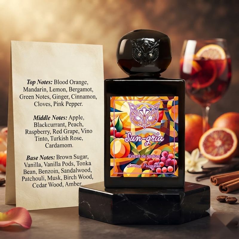"A bottle of Lorenzo Pazzaglia Sun-Gria Extrait de Parfum with its black packaging box, featuring a colorful red and orange graphic, set against a dark background with fruits and warm golden lighting."