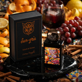 "A perfume bottle labeled 'Sun-Gria' by Lorenzo Pazzaglia, styled with blood orange, mandarin, lemon, bergamot, green notes, ginger, cinnamon, clove, pink pepper, apple, blackcurrant, peach, raspberry, red grape, red wine, Turkish rose, cardamom, and other fragrance ingredients against a dramatic background with citrus fruits, grapes, and red wine."