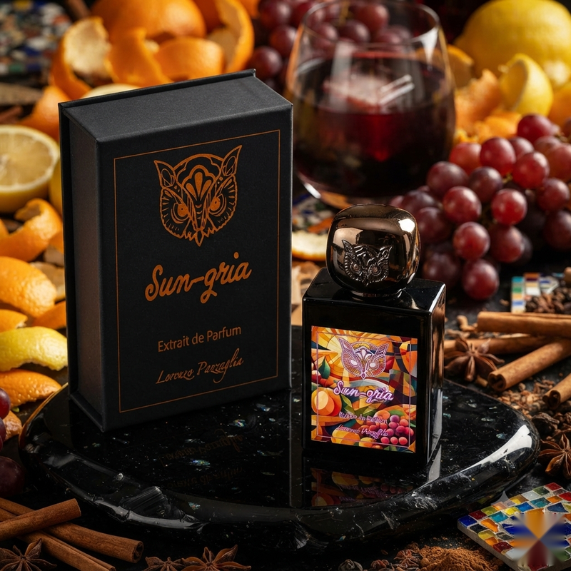 "A perfume bottle labeled 'Sun-Gria' by Lorenzo Pazzaglia, styled with blood orange, mandarin, lemon, bergamot, green notes, ginger, cinnamon, clove, pink pepper, apple, blackcurrant, peach, raspberry, red grape, red wine, Turkish rose, cardamom, and other fragrance ingredients against a dramatic background with citrus fruits, grapes, and red wine."