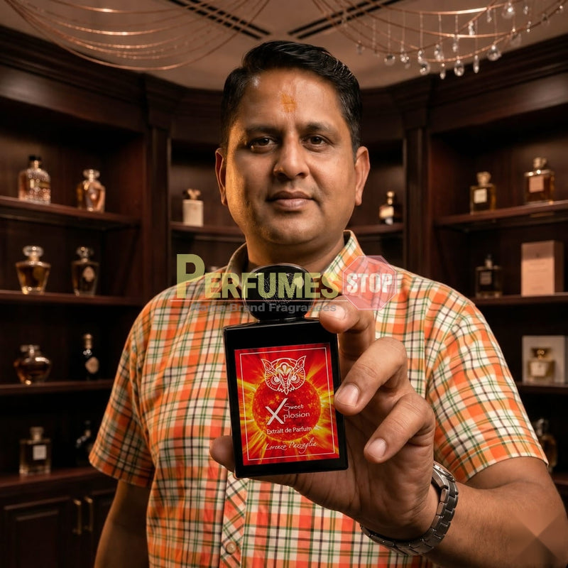 Perfumes Stop owner holding a bottle of Lorenzo Pazzaglia Sweet Xplosion Extrait de Parfum