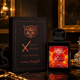 A bottle of Lorenzo Paraglia Sweet Explosion Extrait de Parfum with its black packaging box, both featuring a glowing orange and red tiger graphic, set against a dark, elegant background with warm golden lighting.