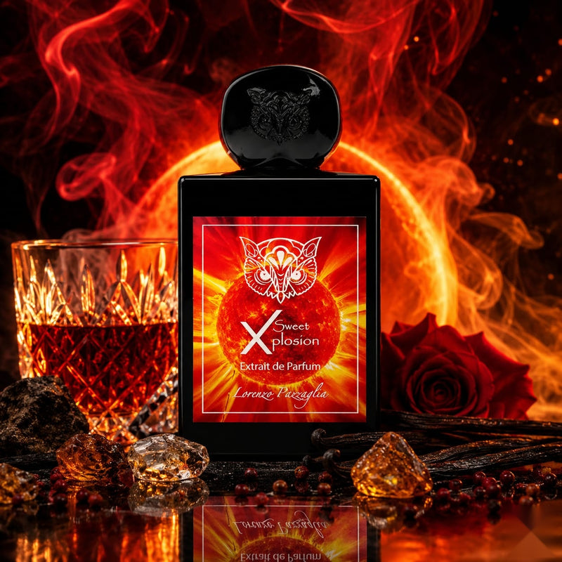 A black perfume bottle labeled 'X Sweet Possession' with a red and orange label, set against a dramatic background of flames, a glass of amber liquid, red roses, and spices. The bottle is centered and highly polished, with a reflection below.