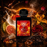 A perfume bottle labeled 'X Sweet Passion Extrait de Parfum' by Lorenzo Vagaglia, styled with citrus slices, flowers, honey, and spices against a dramatic dark background with splashing liquid and smoke.