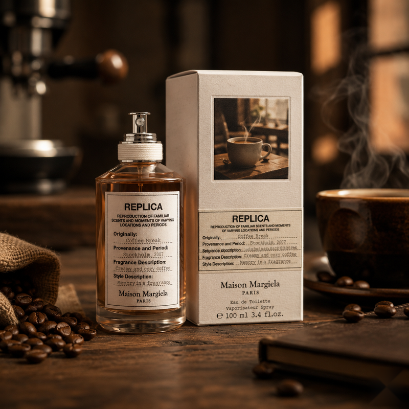 "A bottle of Maison Margiela Replica Coffee Break Eau de Toilette with its matching packaging box, set against a cozy coffee shop background with coffee beans and warm lighting."