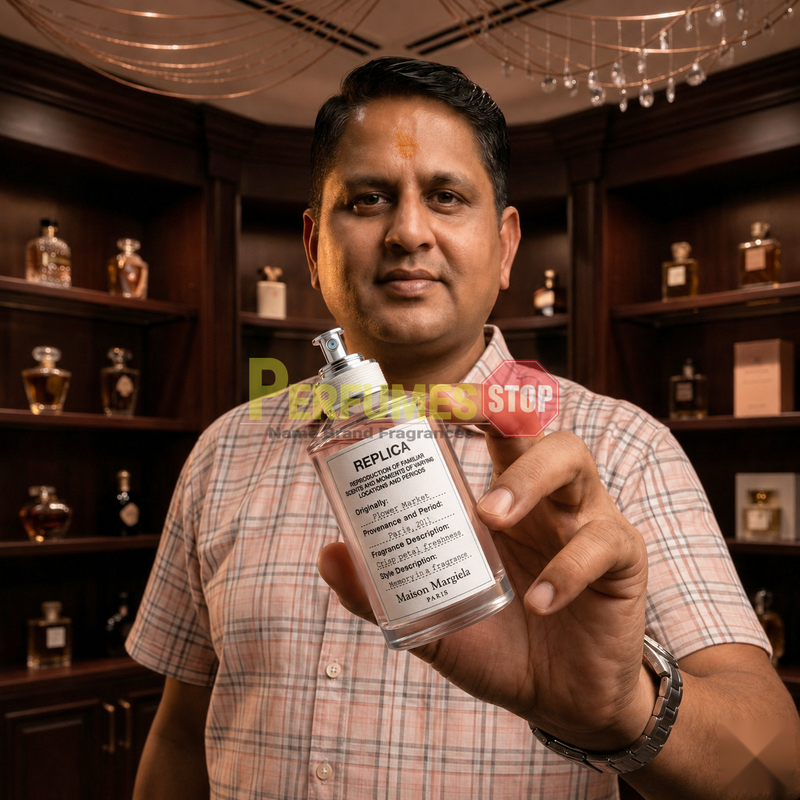 "Perfumes Stop owner holding a bottle of Maison Margiela Replica Flower Market Eau de Toilette"
