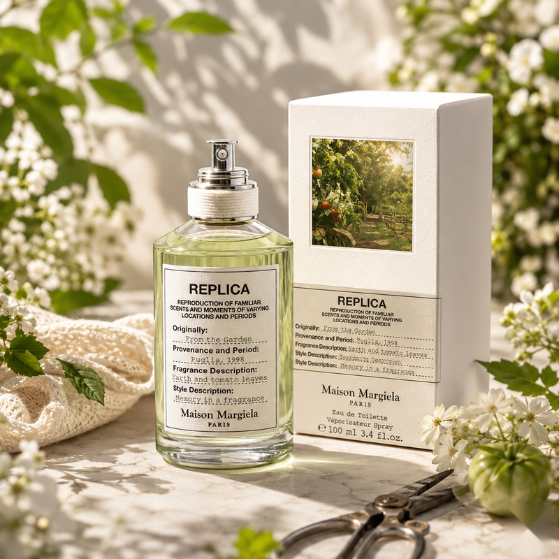 "A bottle of Maison Margiela Replica From The Garden Eau de Toilette with its matching white packaging box, featuring a garden-inspired label, set against a bright natural background with green foliage and soft lighting."