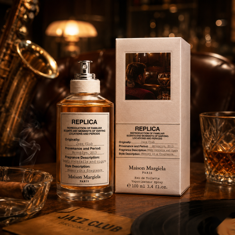 "A bottle of Maison Margiela Replica Jazz Club Eau de Toilette with its matching white packaging box, featuring a vintage jazz club label, set against a dark, elegant background with warm golden lighting."