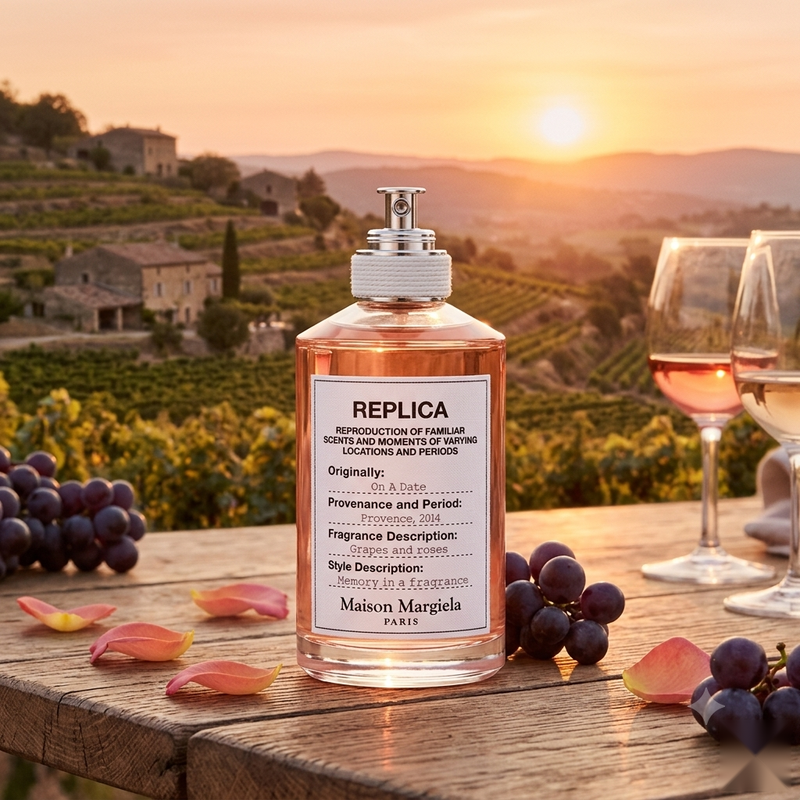 "A clear perfume bottle labeled 'Replica On A Date' by Maison Margiela, featuring a white label and silver cap, set against a warm countryside background with vineyards and soft golden lighting."