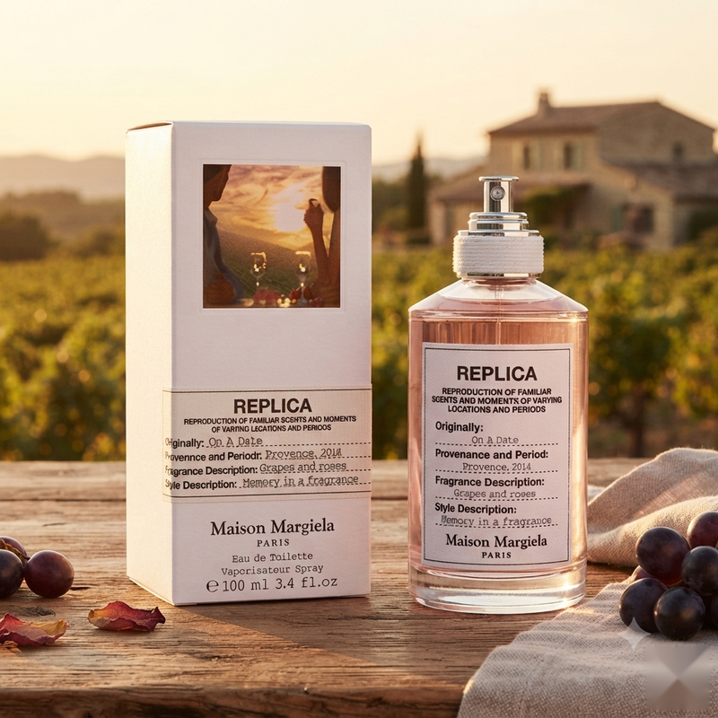 "A bottle of Maison Margiela Replica On A Date Eau de Toilette with its matching white packaging box, featuring a vineyard-inspired label, set against a warm countryside background with soft golden lighting."