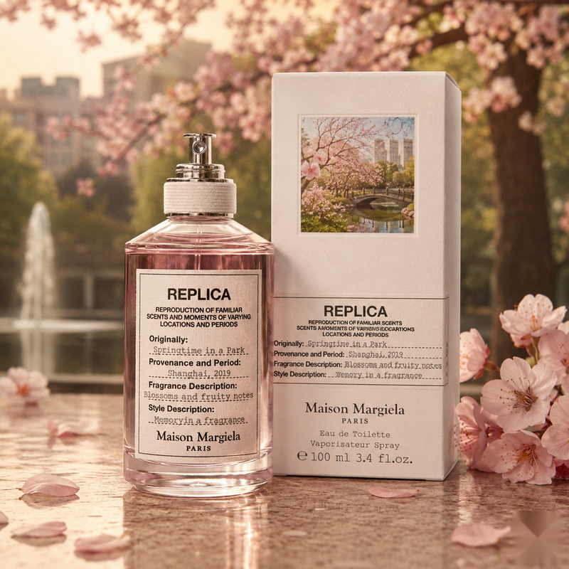 "A bottle of Maison Margiela Replica Springtime in a Park Eau de Toilette with its matching white packaging box, featuring a floral label, set against a soft spring garden background with cherry blossoms and warm lighting."