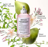 "A perfume bottle labeled 'Replica Springtime in a Park' by Maison Margiela, styled with pear, bergamot, blackcurrant, lily of the valley, rose damascena, musk, and vanilla against a bright spring garden background with green leaves, white flowers, and soft natural lighting."