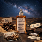 A perfume bottle labeled REPLICA by Maison Margiela Paris, styled with fragrance notes and spices against a starry night sky background. Fragrance cards identify notes like Oud Wood, Leather Accord, and Spicy & Woody Depth.