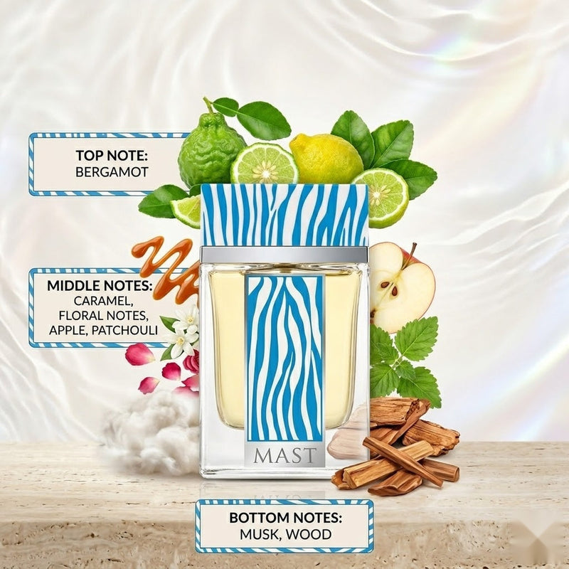 "Mast Ocean Life Pour Homme EDP Spray 3.4oz / 100ml blue perfume bottle and matching branded box displayed with citrus fruits and fragrance ingredients."