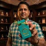 "Perfumes Stop owner holding a bottle of Mast Parfume Ocean Green EDP Spray 3.4oz / 100ml for Men."