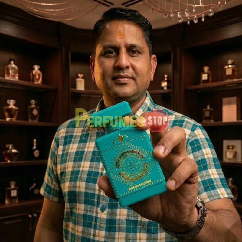 "Perfumes Stop owner holding a bottle of Mast Parfume Ocean Green EDP Spray 3.4oz / 100ml for Men."