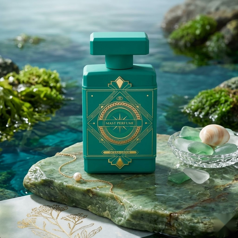 "Mast Parfume Ocean Green EDP Spray 3.4oz / 100ml for Men green perfume bottle displayed outdoors near water and greenery."