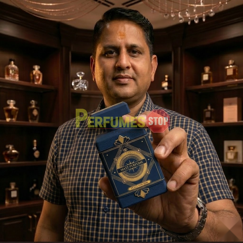 "Perfumes Stop owner holding a bottle of Mast Parfume Peace for Him EDP Spray 3.4oz / 100ml for Men."